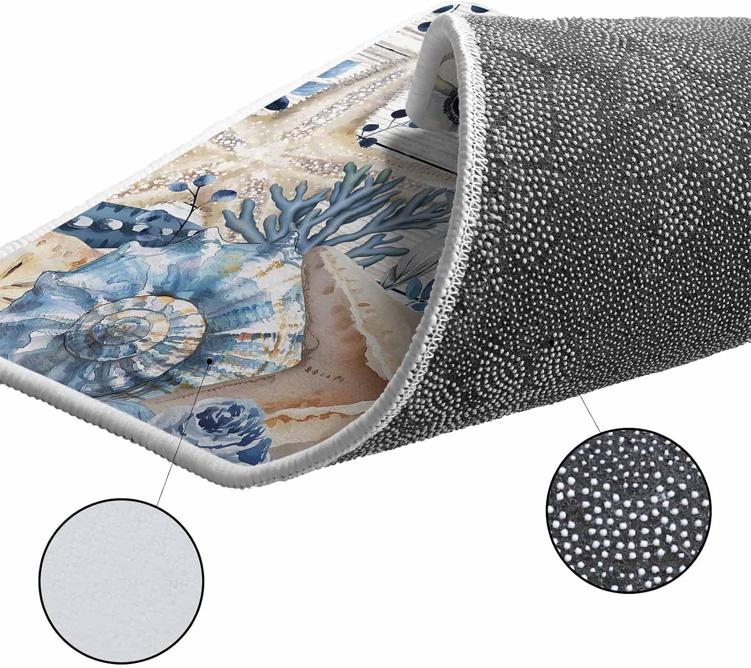 Blue Starfish Coastal Kitchen Rugs and Mats Set of 2, Non-Slip Kitchen Sink Mat, Eucalyptus Summer Nautical Shell Wooden Doormat Bathroom Rugs Runner for Bedroom 15.7"x23.6"+15.7"x47.2"