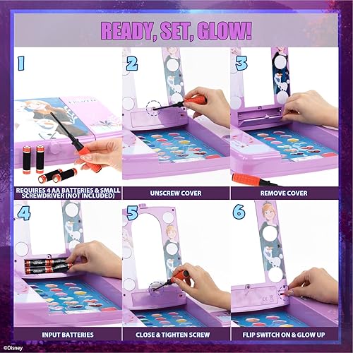 Miniatura 4 de Disney Frozen Beauty - Juego de tocador con espejo iluminado, incluye brillo de labios, sombra de ojos, rubor, cepillos, esmaltes de uñas,