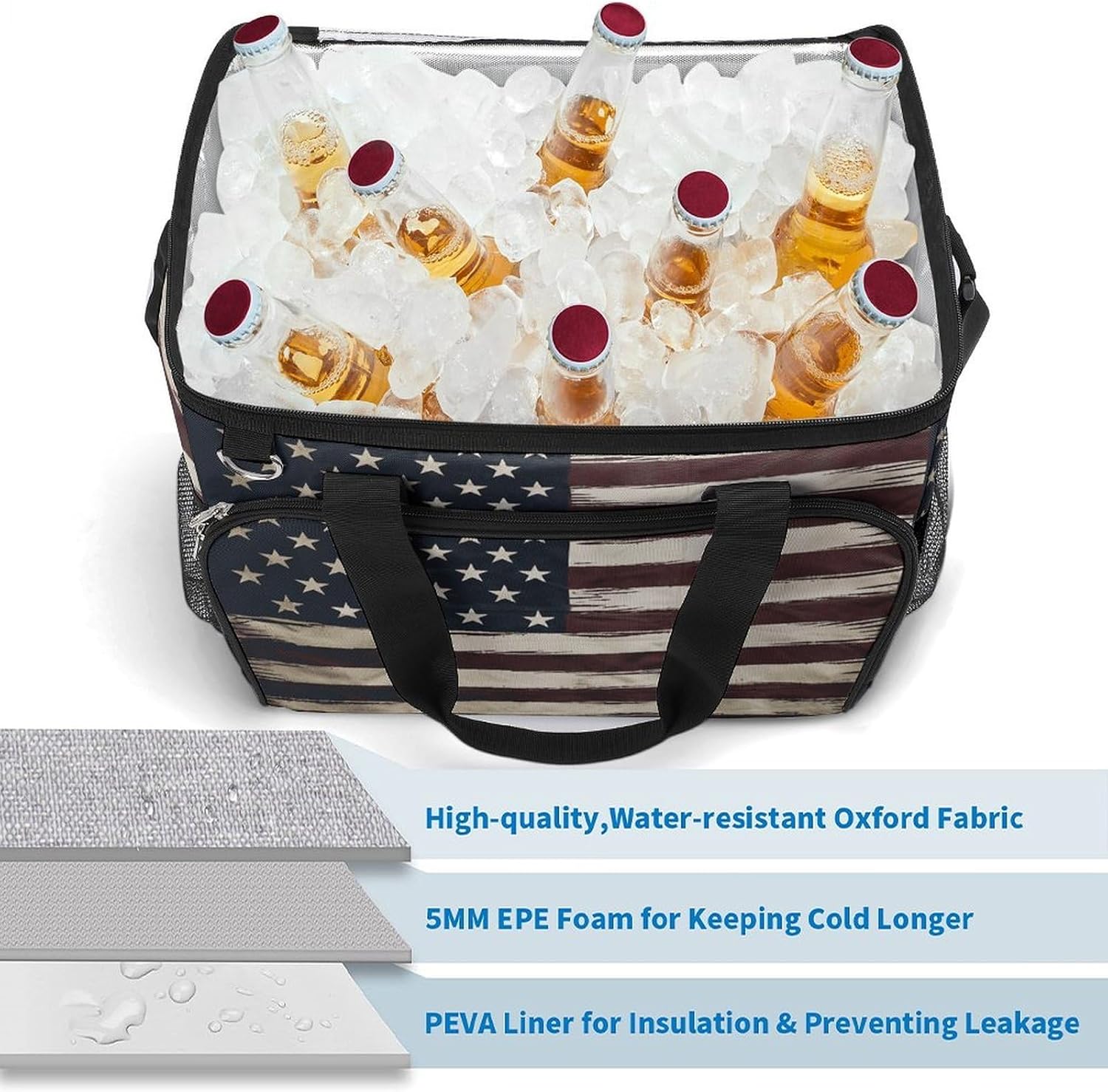 Insulated Picnic Backpack Tote Bag, Large Capacity 30L American Flag Cooler Bag Leakproof Beach Bags Portable Lunch Box Waterproof Picnic Basket for Beach Camping BBQ
