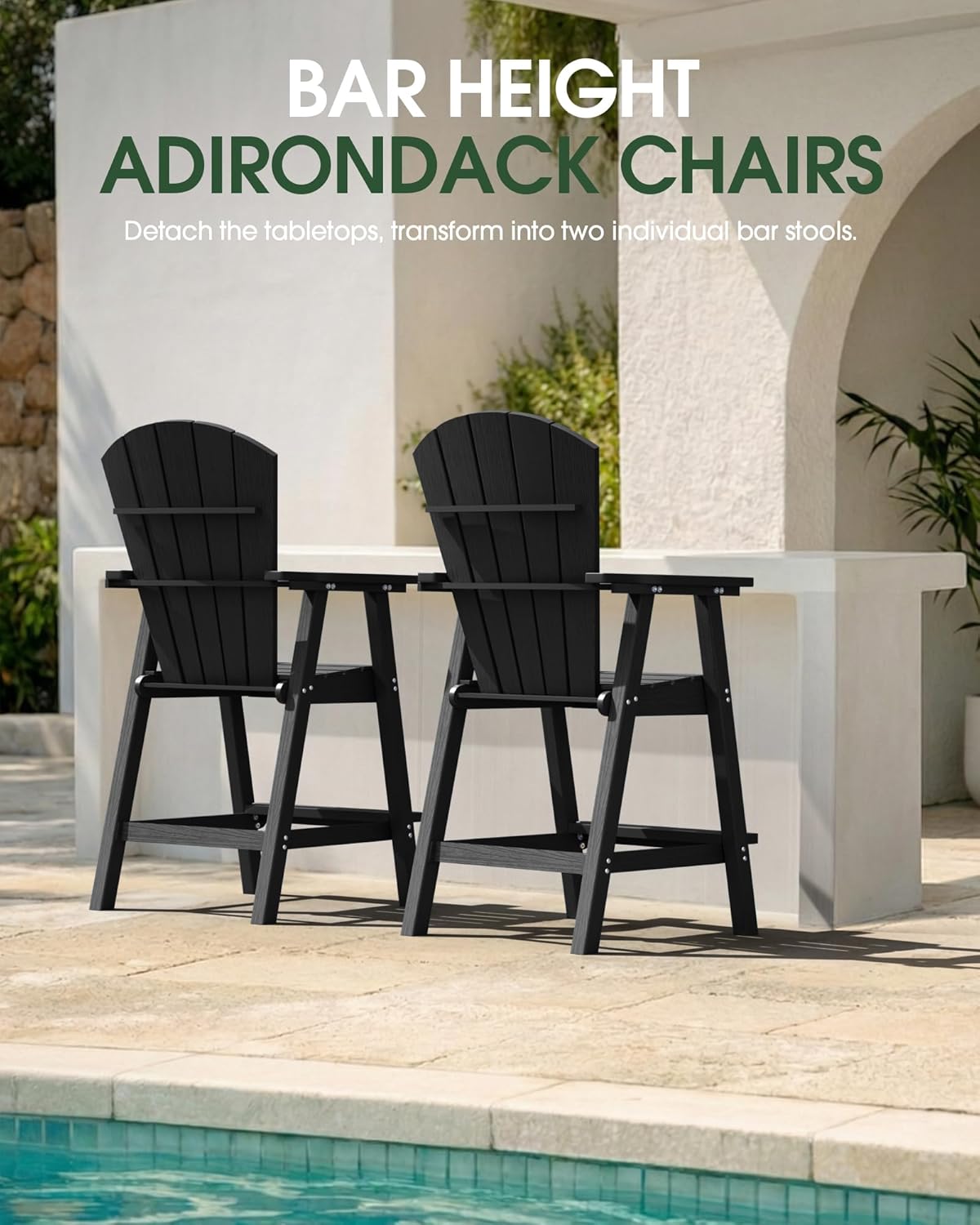 Tall Adirondack Chairs Set of 2, HDPE High Adirondack Chairs with Double Removable Trays, All Weather Outdoor Barstools for Patio, Balcony, Backyard, Deck and Garden, Black