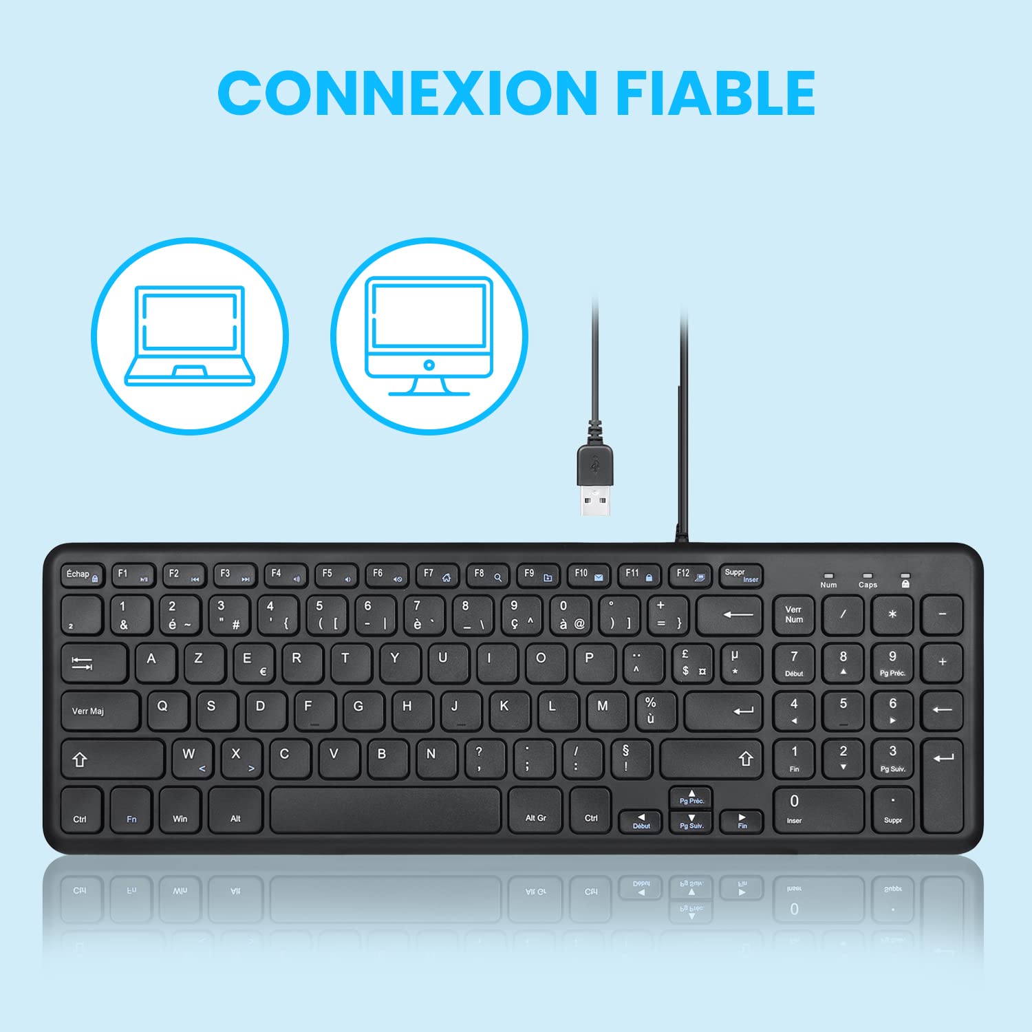 Perixx PERIBOARD-213U, Clavier Compacte Silencieux Filiare – Clavier Chiclet avec Touches Ciseaux Silencieuses et Touches Multimédia pour Windows - AZERTY Français - Noir