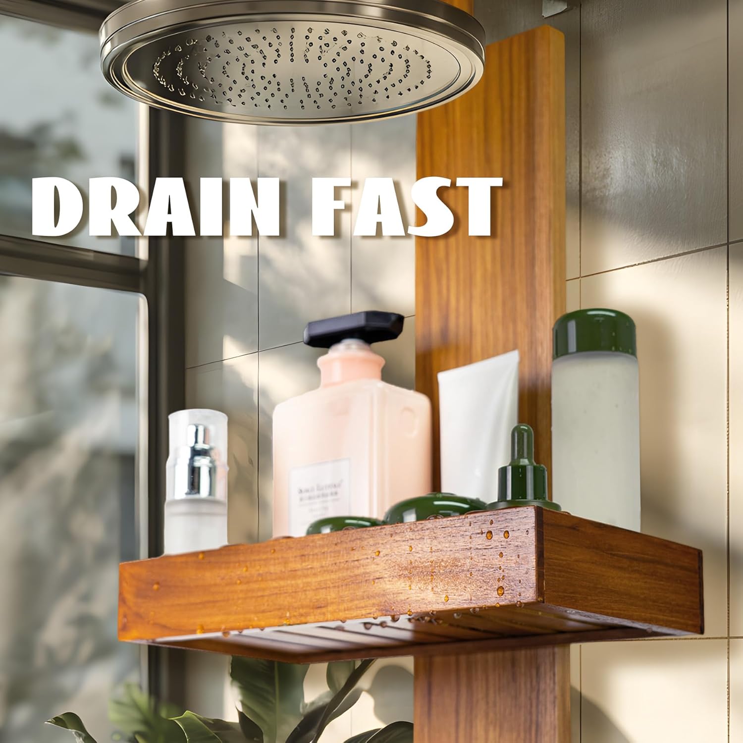 Utoplike Teak Hanging Shower Caddy with Hooks, Bathroom Shower Organizer Over Shower Head, 2-Tier Wood Shelf for Shampoo, Towels, No Drilling