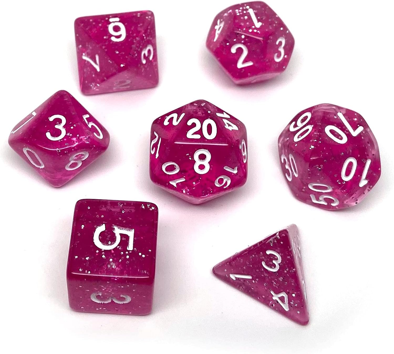 Glitter and Sparkle Polyhedral Dice Set - 7 Piece Dice Set with One D20, D12, D10, D8, D6, D4, and D00 (Rose Sparkle with White Font)