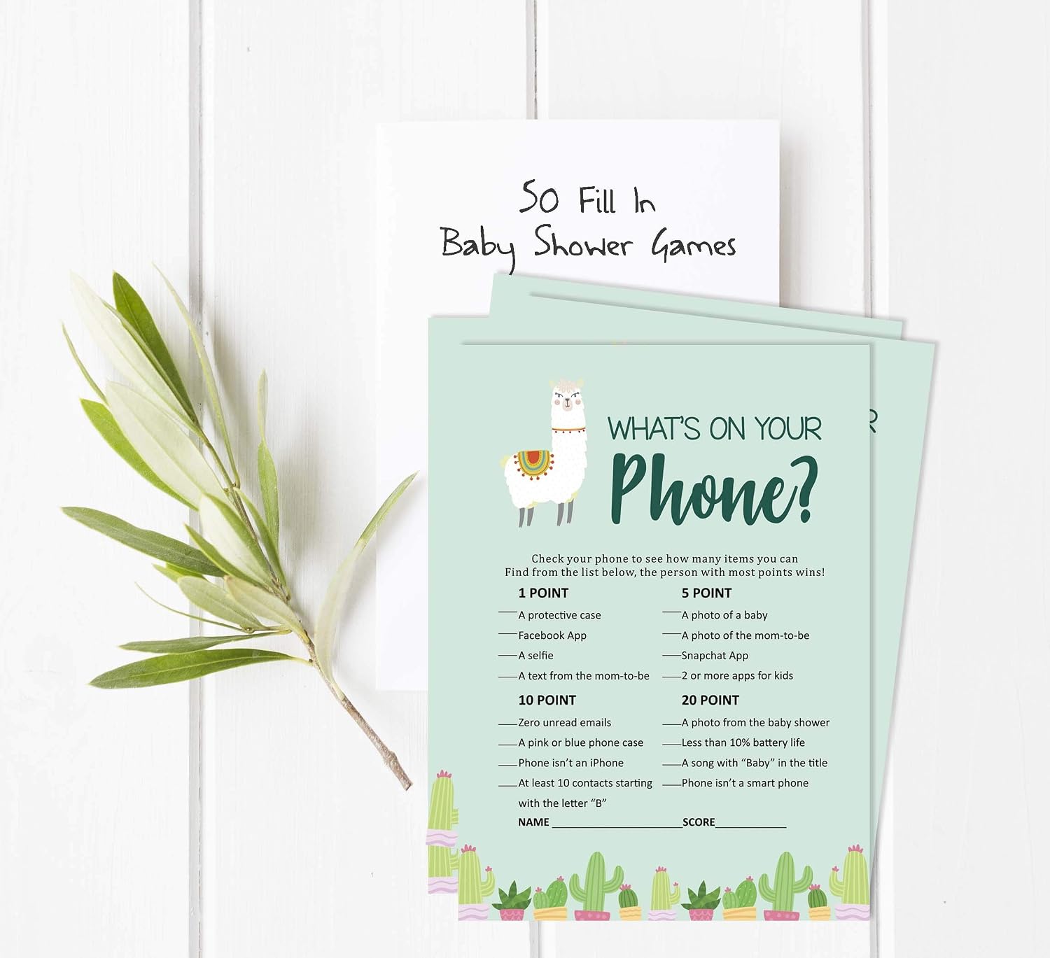 Inkdotpot 50 Sheets What's In Your Phone Baby Shower Game Cards Llama Gender Neutral Activity Cards Party Idea Baby Shower Party Supply - Image 3