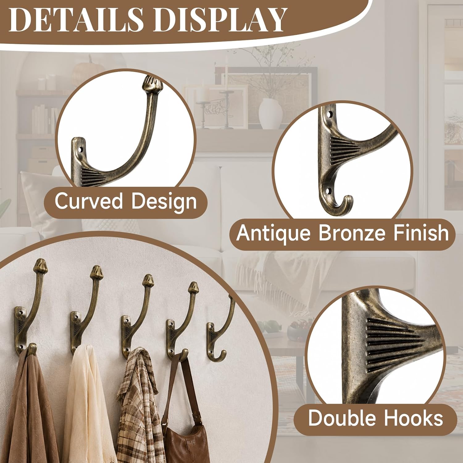 Yaocom 10 Pcs Double Prong Antique Bronze Towel Hook Wall Mounted Coat Hook image 3