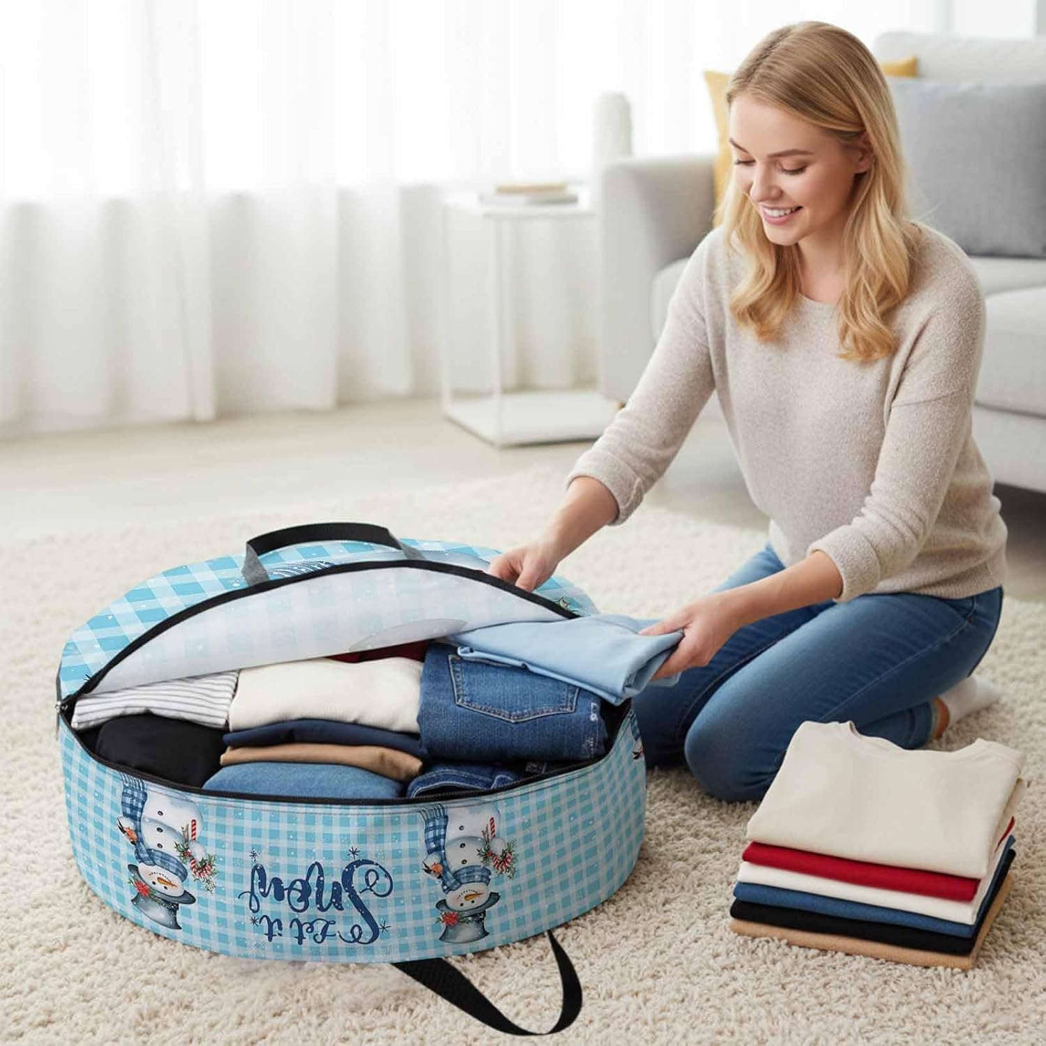 Christmas Watercolor Round Storage Bag 36 Inch, Snowman and Snowflakes Blue Plaid Clothes Storage Container with Handles Heavy Duty Organizer for Comforter, Bedding & Holiday Wreaths