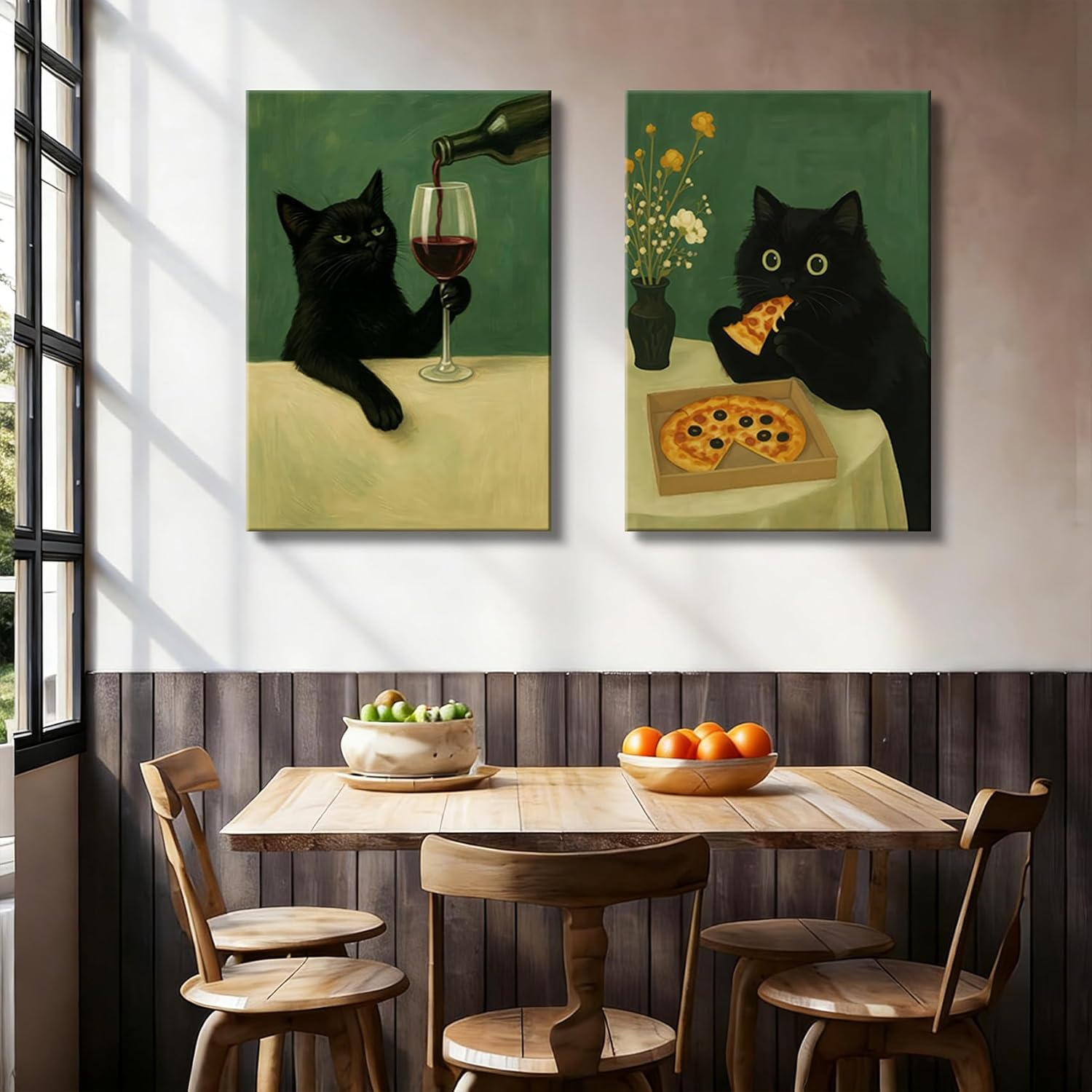 2Pcs Framed Black Cat Canvas Wall Art Moody Dark Green Wall Decor Cat Wine Pizza Posters Dark Humor Kitten Pictures Vintage Whimsical Animal Painting Prints for Kitchen Dining Room Home Decoration