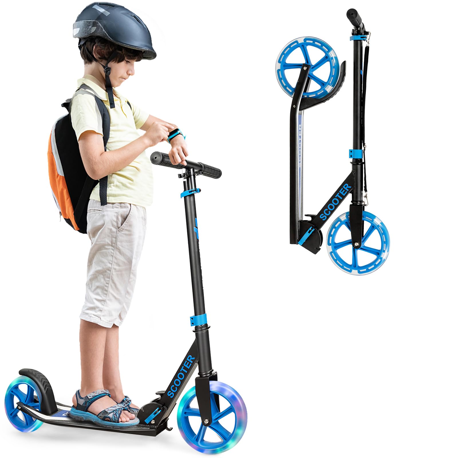 KOMFOTTEU Patinete Plegable para Niños y Adultos, Scooter con Manillar Altura Ajustable en 3 Niveles y 2 Ruedas Luminosas con Freno, Patinete Portátil con Carga de 110 kg