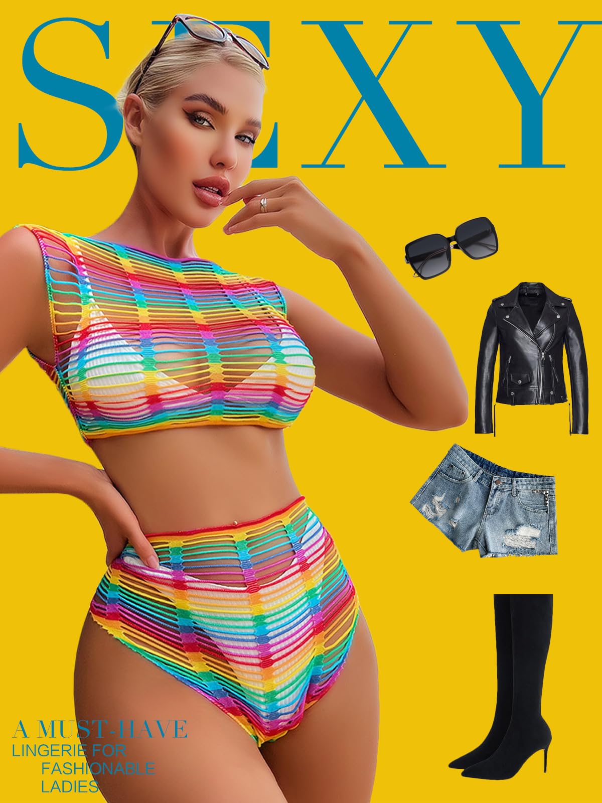 FasiCat Women's Mesh Lingerie Fishnet Babydoll Mini Dress Bodysuit See Through Shirts Long Sleeves Lingerie Bodysuit Cover Up: Rainbow1105