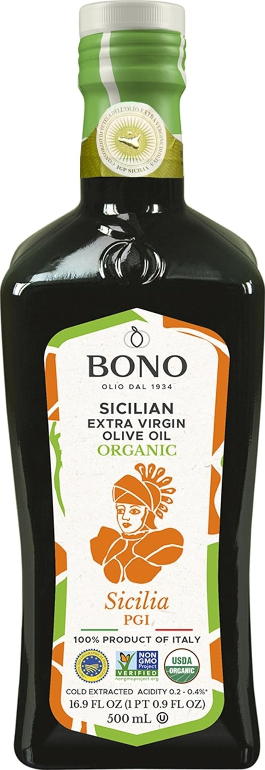 Bono Organic Sicilian PGI Extra Virgin Olive Oil, 16.9 Fl Oz โ USDA Organic, Non-GMO, Cold Extracted, Certified Gluten Free, Clean Label Project Purity Award Winner