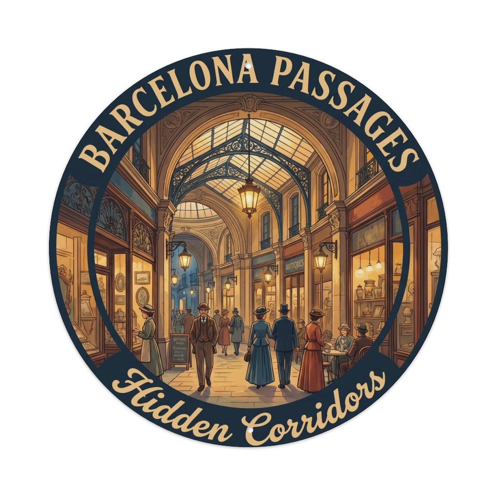 Vintage Travel Barcelona Passage Catalan Corridor Metal Tin Sign Plaque Wall Decor for Cafe, Club, Garden Round Metal Poster 8x8Inch