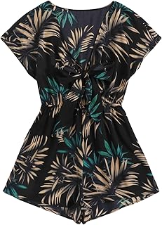 Romwe Women's Casual Floral Short Sleeve V Neck Bow Front Boho Romper Short Jumpsuit