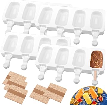 4 Set Silicone Popsicle Molds 4 Cavities Ice Cream Oval Cake Molds with 200 Sticks, Reusable Ice Pop & Cakesicle Mould for Kids, DIY Frozen Treats, Summer Snacks, Parties Favors, Easy Release White