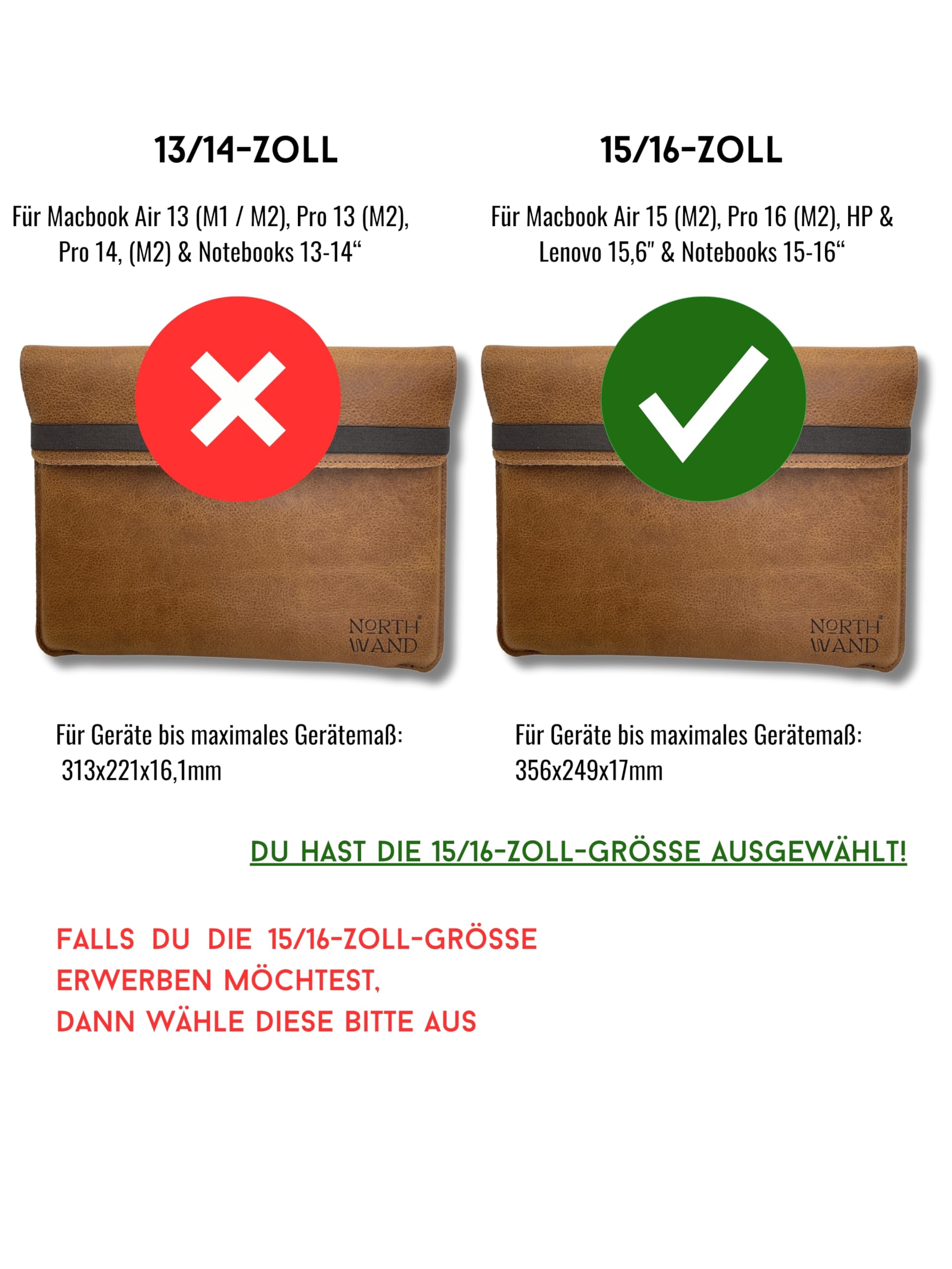 NorthWand Pokrowiec na MacBook Air 15 (M2), Pro 16 (M2), HP & Lenovo 15,6", notebooki 15-16". Etui, etui ze skóry garbowanej roślinnie z wytłoczeniem Signet. Handmade in Germany. Kolor brązowy