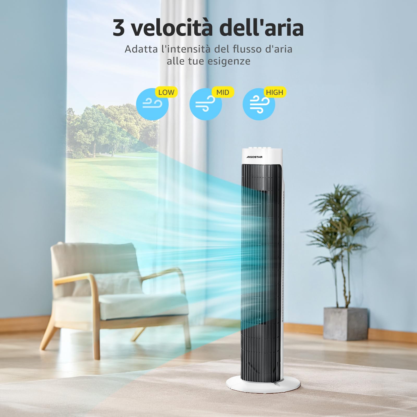 Aigostar Ben 33JTS Ventilatore a torre digitale con timer. 3 modalità di velocità e motore da 45W. Oscillazione a 85°. Altezza di 76cm e cavo da 1,8M