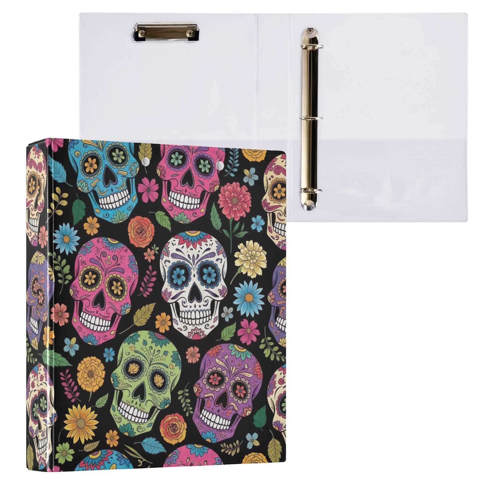 Raccoglitore a tre anelli con teschi colorati e fiori neri, 3,8 cm, confezione da 2