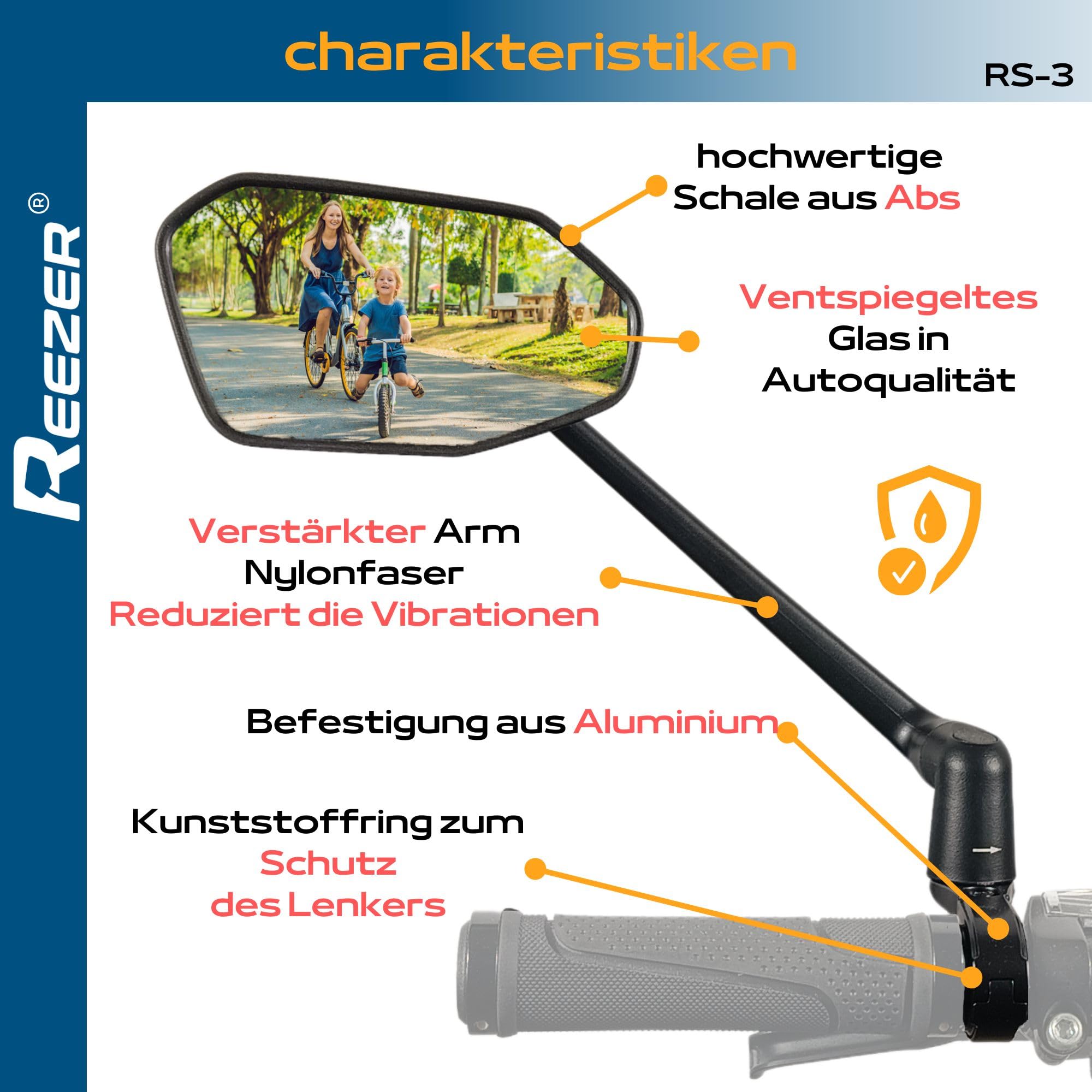 REEZER Fahrradspiegel RS3 links mit extra großer Spiegelfläche - 360° verstellbarer Fahrrad Spiegel für E-Bike & E-Scooter Lenker - Rückspiegel kompatibel mit allen Modellen - LINKS