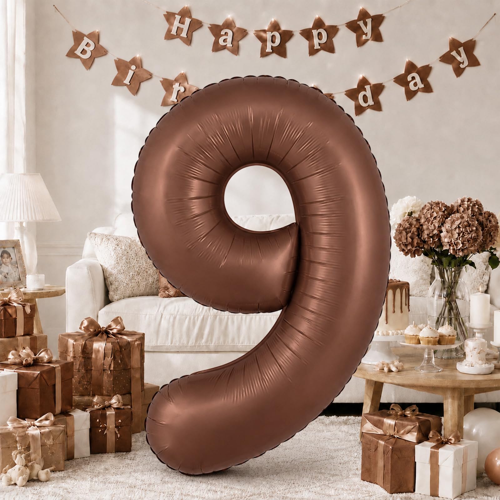 40 Inch Dark Brown Numbers 9 Balloons, Large Self Inflating Chocolate Brown Digital 9 Helium Balloon, Foil Mylar Number 9 Balloons for Women Men Girls 9th 29th Birthday Party Anniversary Decorations