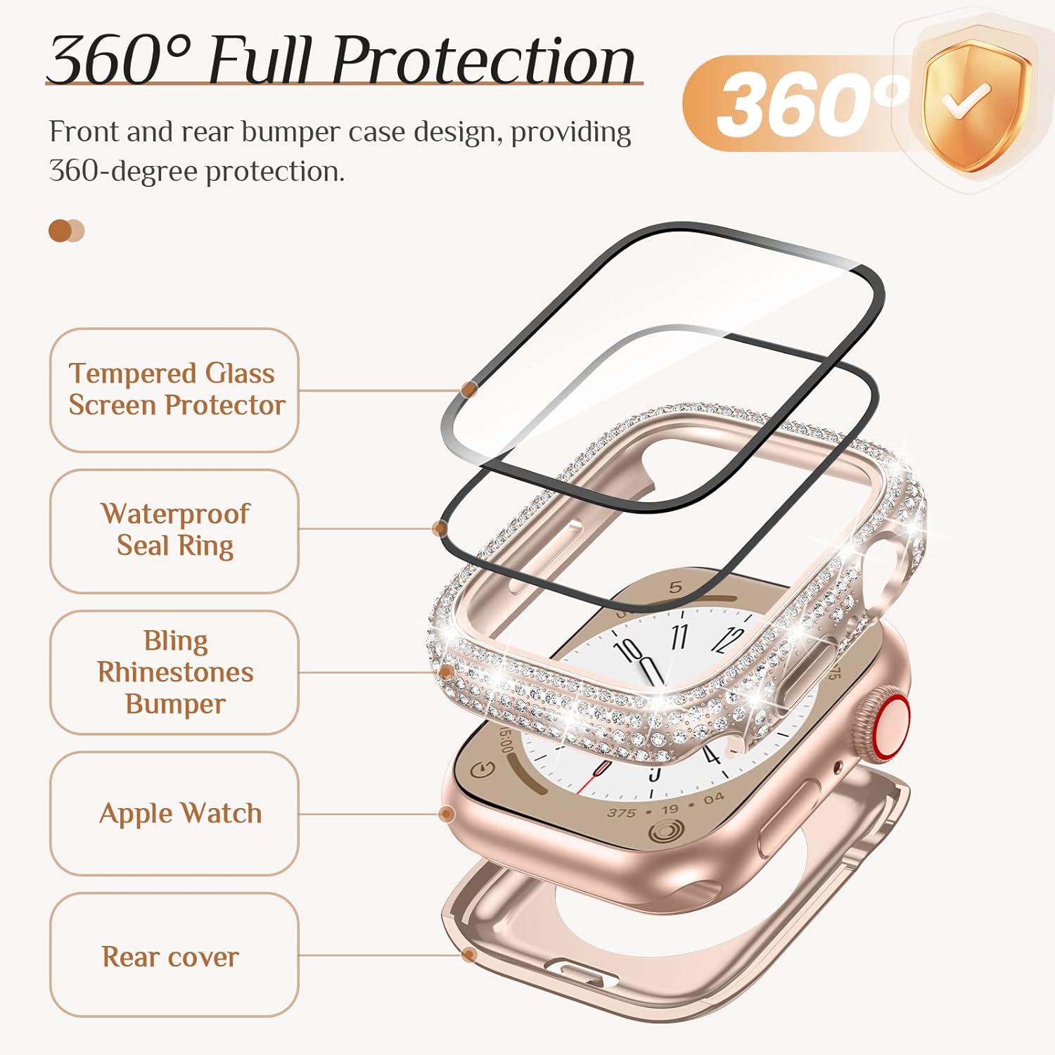 Goton 2 in 1 Bling Waterproof Case & Glitter Thin Band Compatible with Apple Watch 44mm Series 6/5/4/SE(2nd Gen), Women Silicone Strap + iWatch Screen Protector (For 44mm Only)