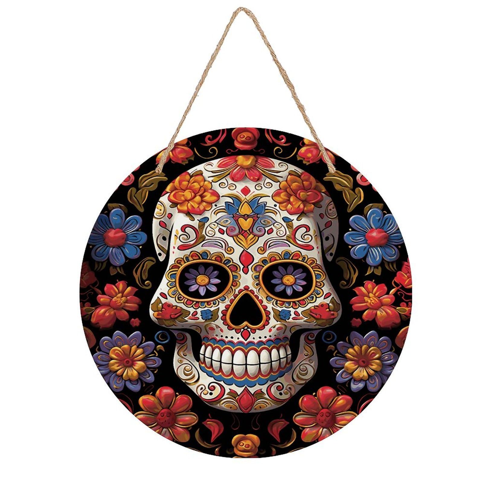 FekiLoot Sugar Skulls Wall Art Decor Rustic Welcome Sign Round Wood Hanging Sign Decoration Wood Plaque Door Hanger Wooden Signs Wall Hanging Decor Housewarming Gift for Home Outdoor Indoor