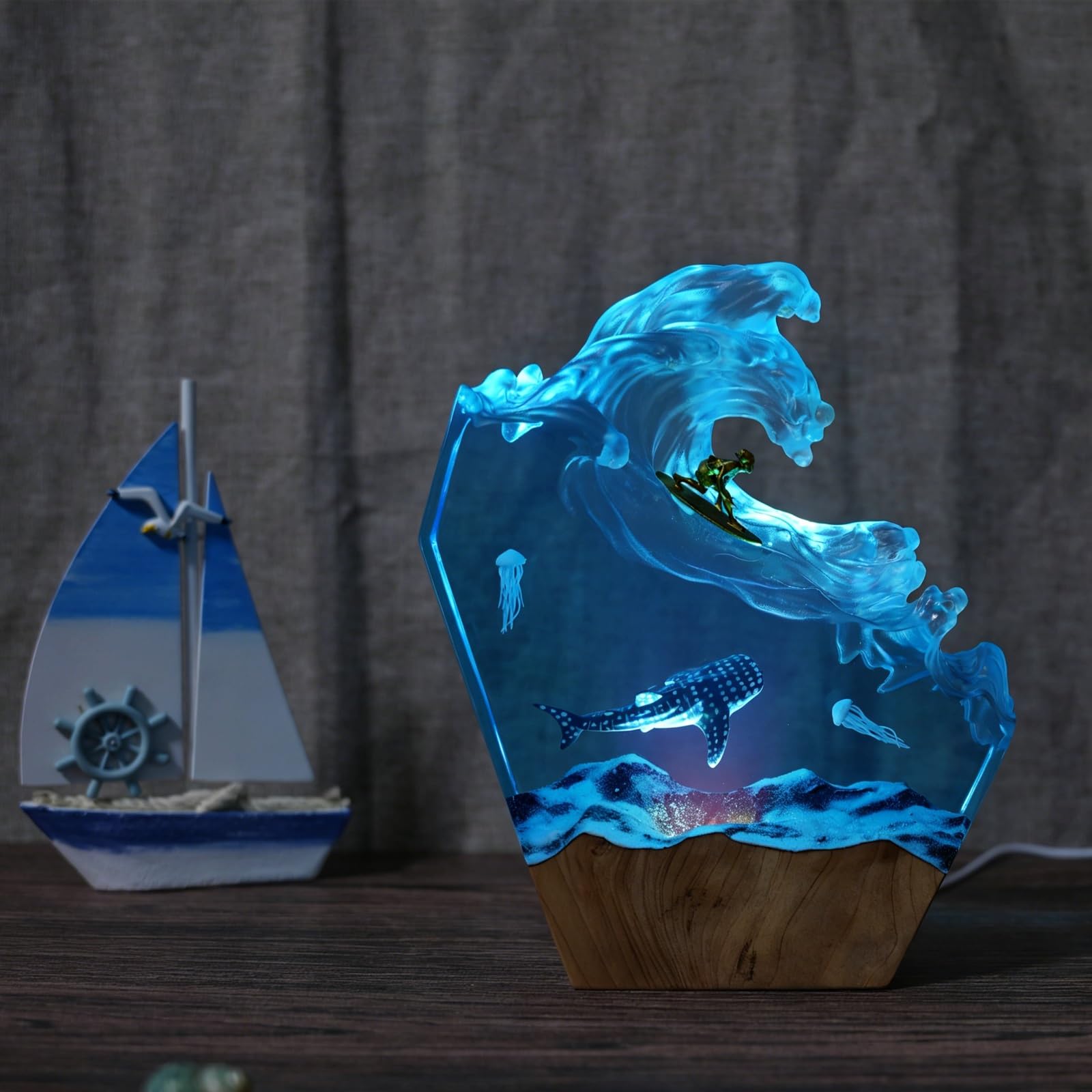 FGJtguE Woods lamp, with Multiple Marine Themes,Handcrafted Epoxy Wood Night Light for Desk Decor,Birthday Lovers(M)