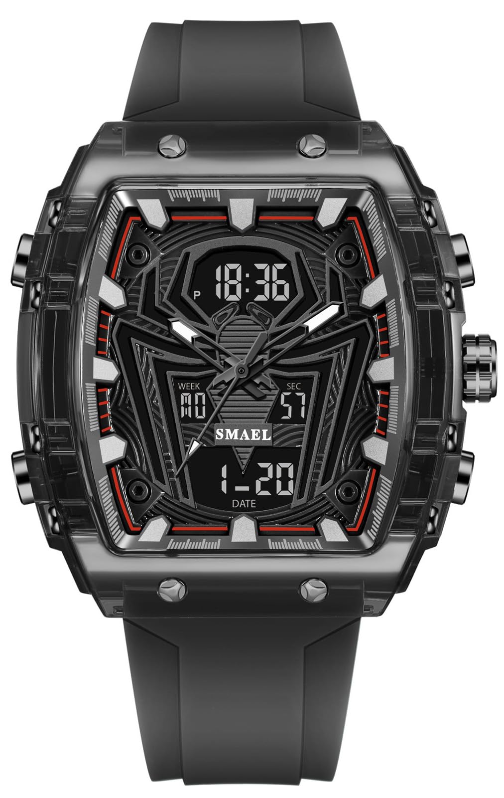 MASTOP Reloj de cuarzo de lujo Spider Man, esfera grande, digital, analógico, doble visualización de hora, cronómetro, diseño punk, correa de silicona, reloj de pulsera para hombre