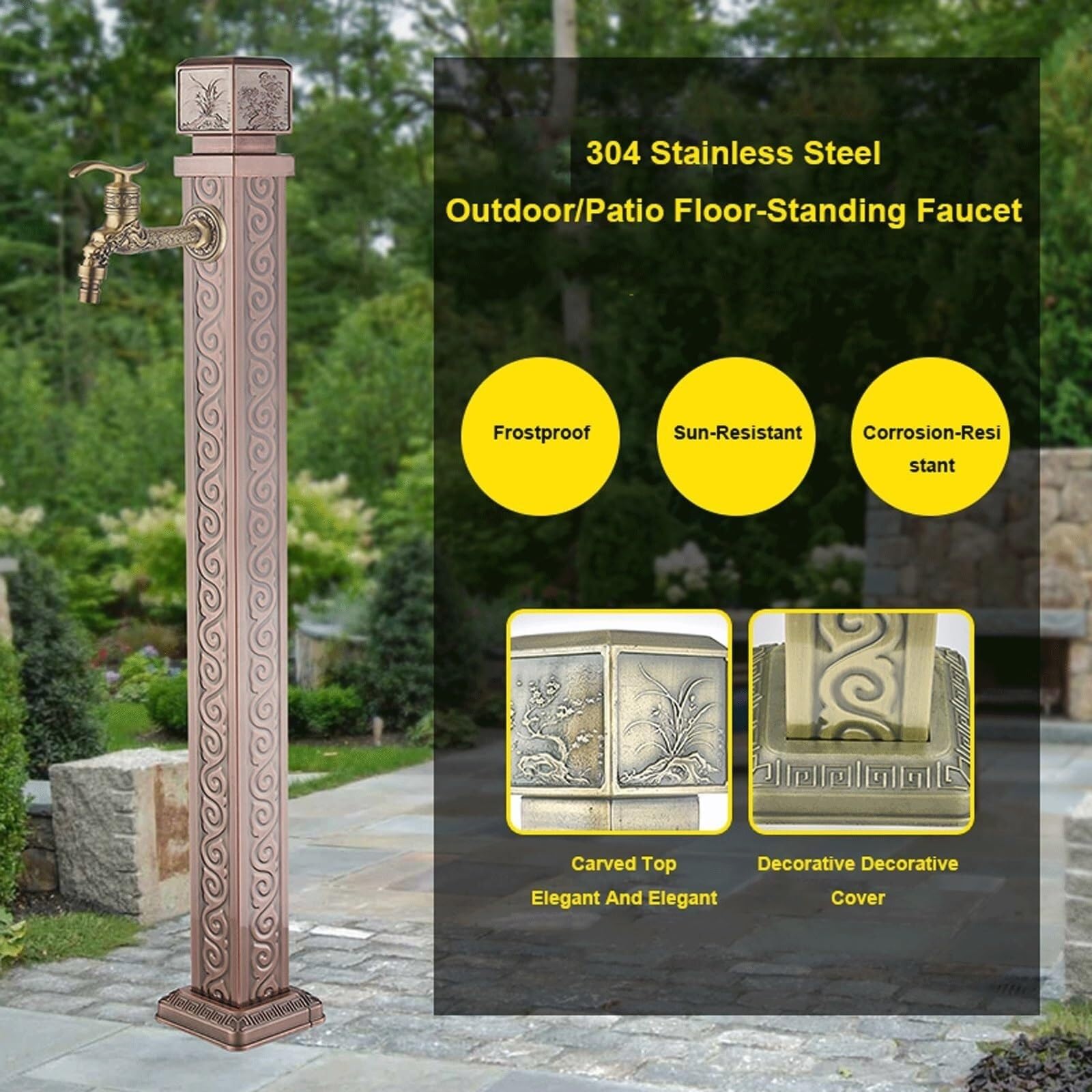 Columna de agua vertical para jardín, anticongelante, cuadrada, decorativa, soporte para manguera de fuente con grifo de doble salida para hidrante al aire libre
