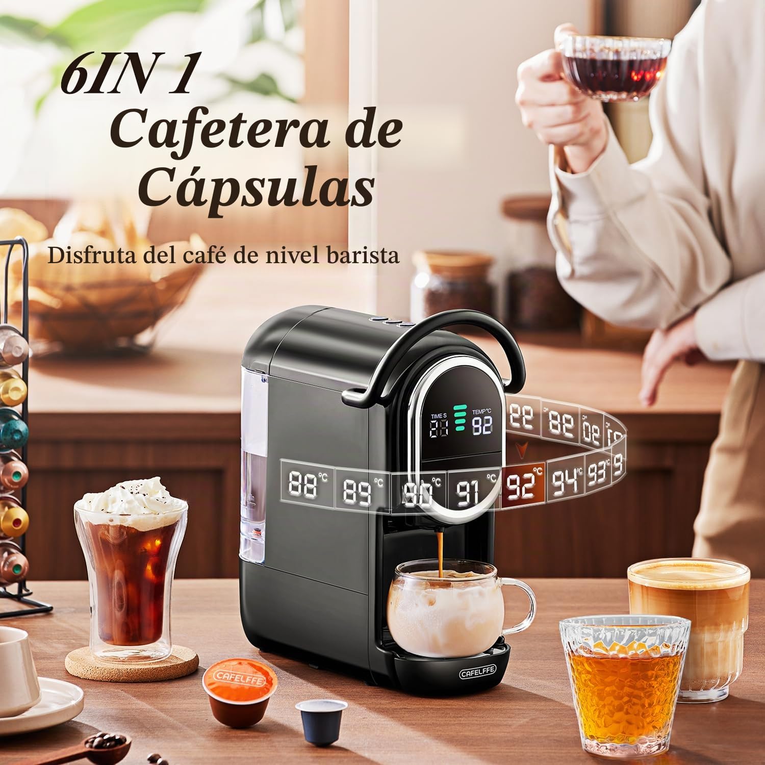CAFELFFE Máquina de Café Espresso en Cápsulas MK-609S 6 en 1,Infusión Caliente/Fría,Compatible con Nes Original/DG/ESE/K Cup/Té/Café Molido