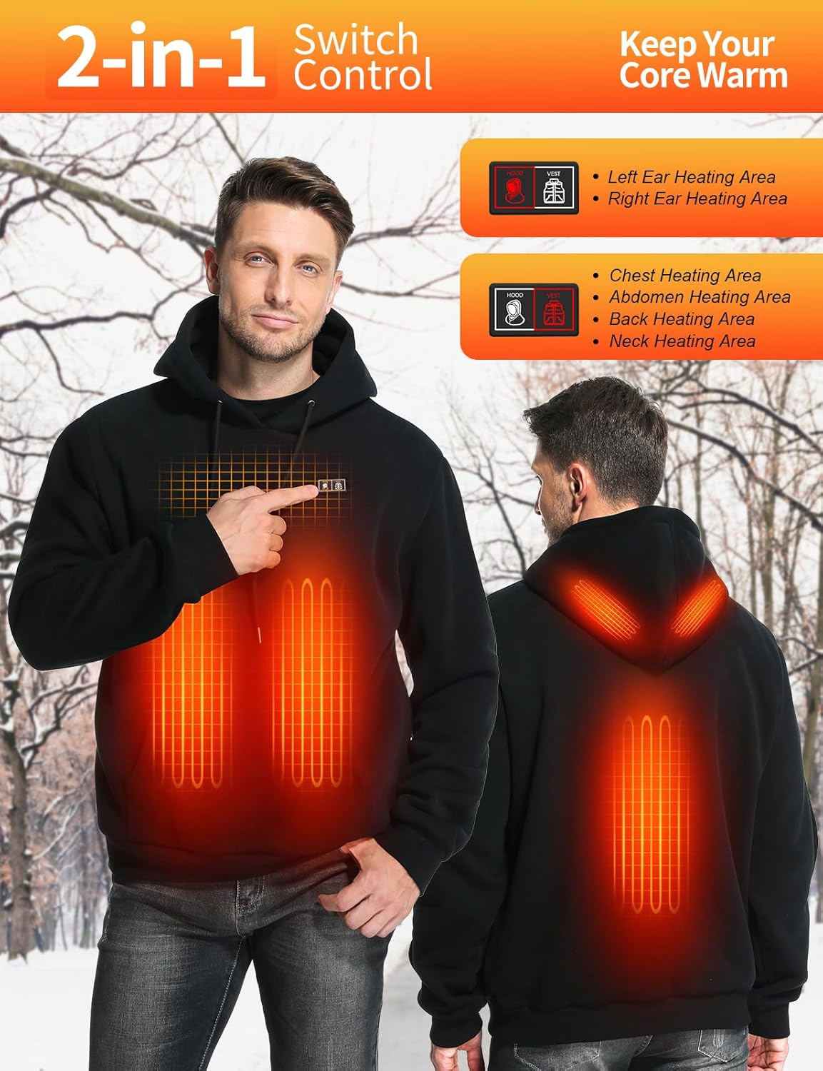 Heated Hoodie for Men Women with 7.4V 12000mAh Battery Pack, Unisex Pullover Heated Sweatshirt - Image 2