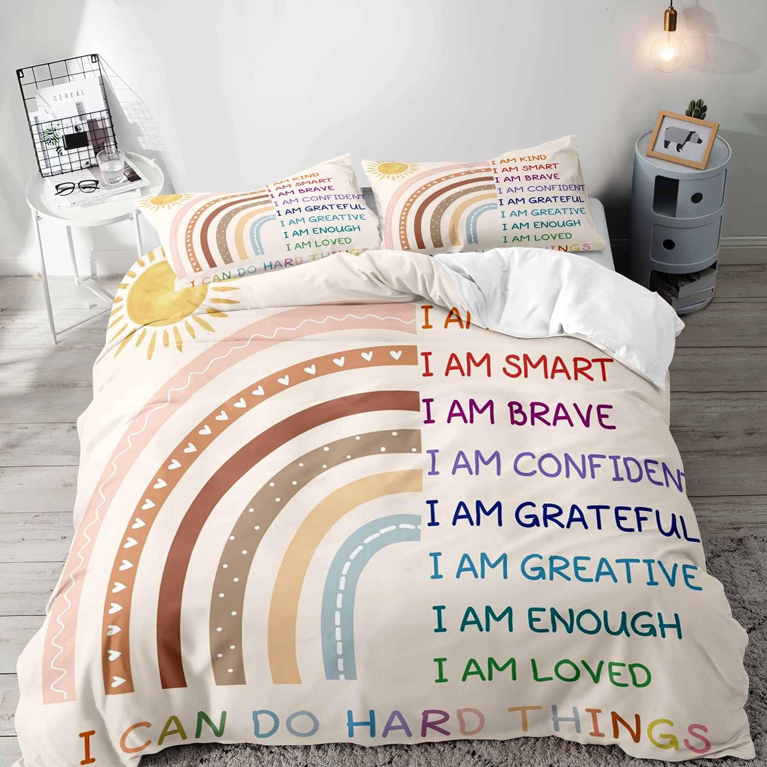 LUVIVIHOME 3PCS Boho Rainbow Duvet Cover Full Bedding Set, Teen Girls Bedding, Cute Colorful Arch Sun Neutral Aesthetic Positive Inspirational Motivational Gifts Kids Comforter Cover, 2 Pillow Cases