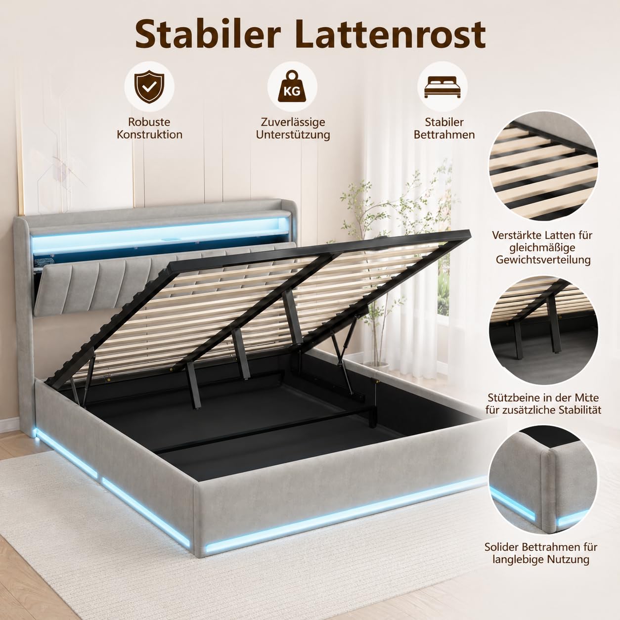 Letto imbottito 140x200 cm, letto con spazio di archiviazione idraulico con LED e stazione di ricarica USB, struttura del letto con rete a doghe e spazio di archiviazione nella testata, letto