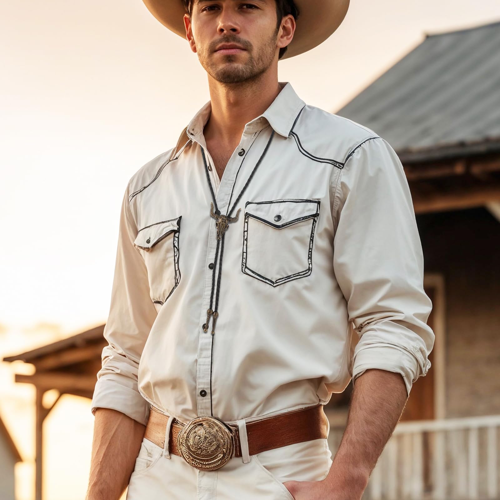 Lot de 2 cravates bolo, style western cowboy et cowgirl, en cuir vintage, fait main, avec pendentif en plumes, pour homme et femme