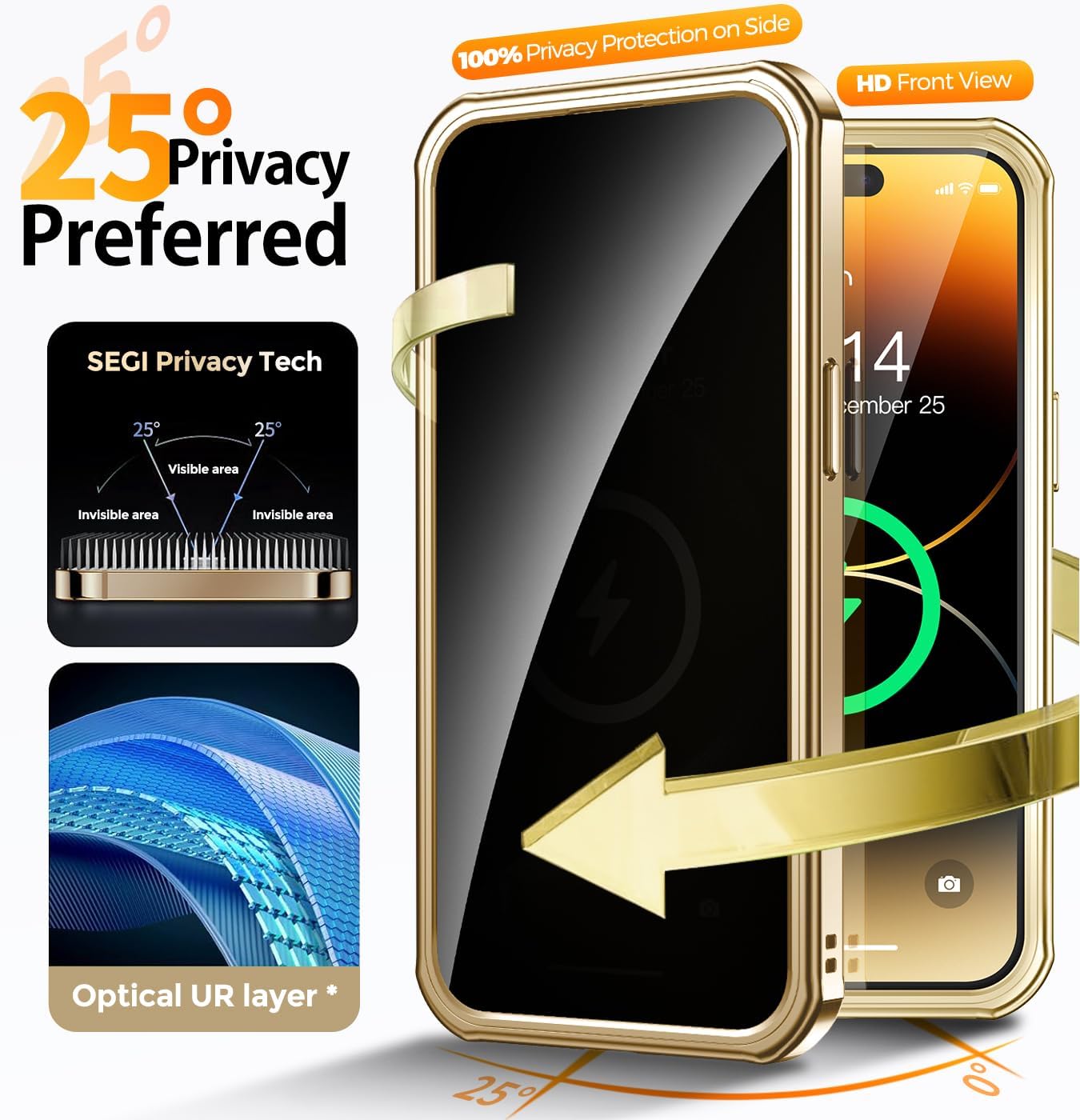 [CD Metal Ring Stand + Built-in Privacy Screen Protector] Magnetic Case for iPhone 14 Pro Max 6.7" [Soft Bumper Full Signal] [Compatible with MagSafe] 9H Glass Full Body Shockproof Clear Case, Gold - Image 2