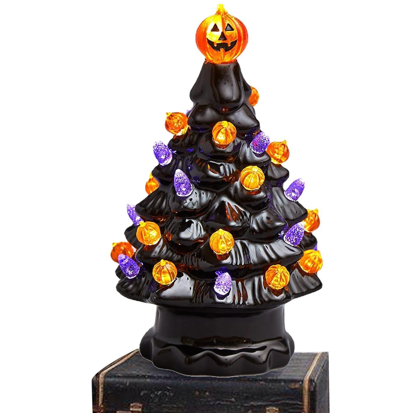Árboles negros para Halloween cerámico con bombillas y calabaza decorativa