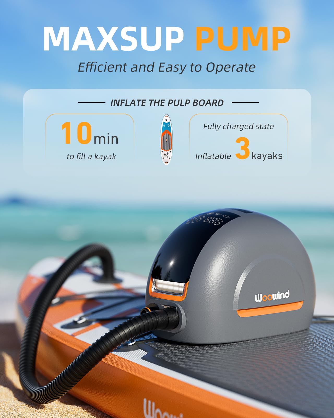 Woowind NW10 Elektryczna Pompa do Desek SUP | 20PSI, dwustopniowe pompowanie i spuszczanie, USB-C/12V DC, do desek SUP, łodzi, kajaków