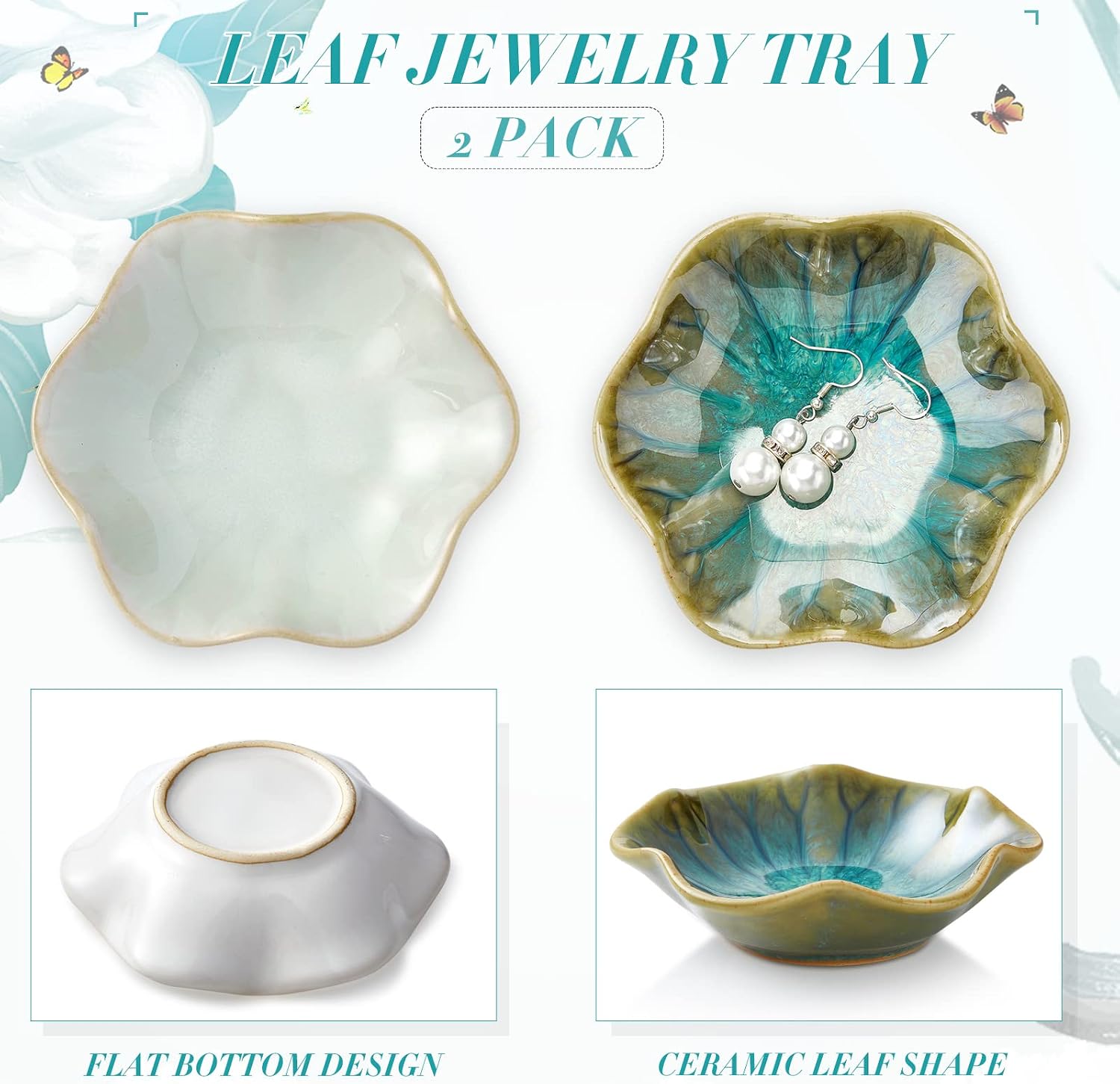 meekoo 2 Pcs Trinket Dishes for Jewelry Lotus Leaf Shape Ceramic Ring Holder Jewelry Tray Bowl Woman Gift for Mom Sister(Green)