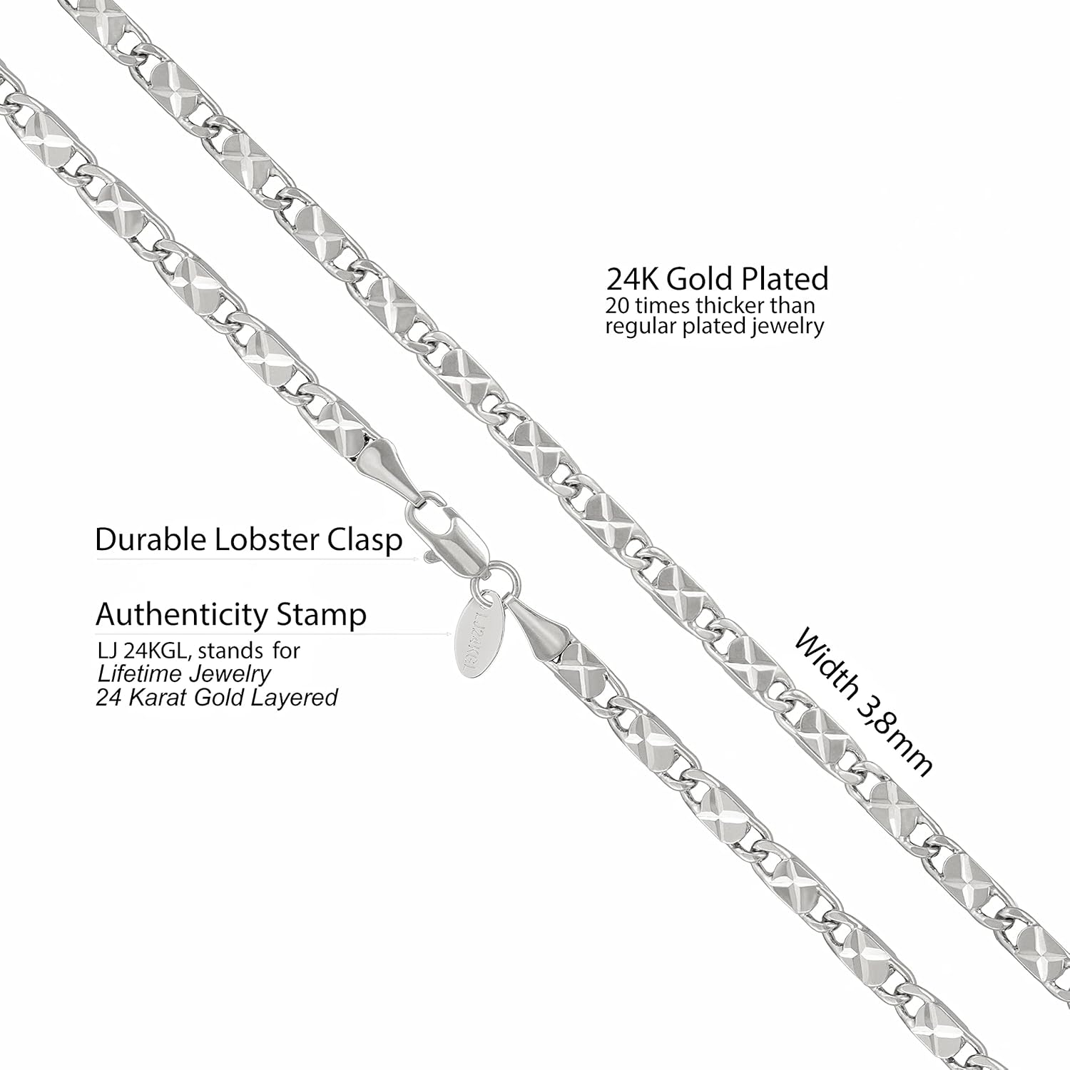 LIFETIME JEWELRY 4mm Star Flat Link Chain Necklace 24k Gold Plated for Women Men