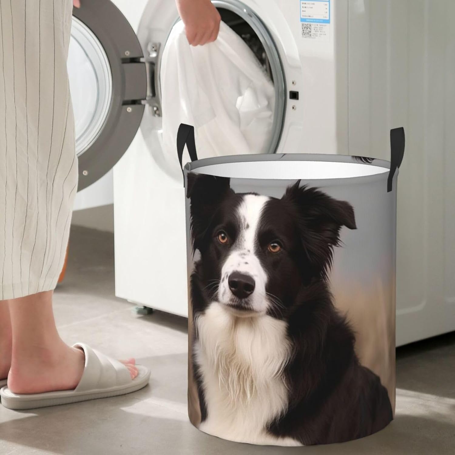 Border Collie Laundry Basket With Handles, Foldable Laundry Hamper Oxford Cloth Dirty Clothes Basket Waterproof Clothes Toys Storage Bin Organizer for Bedroom Bathroom Dorm