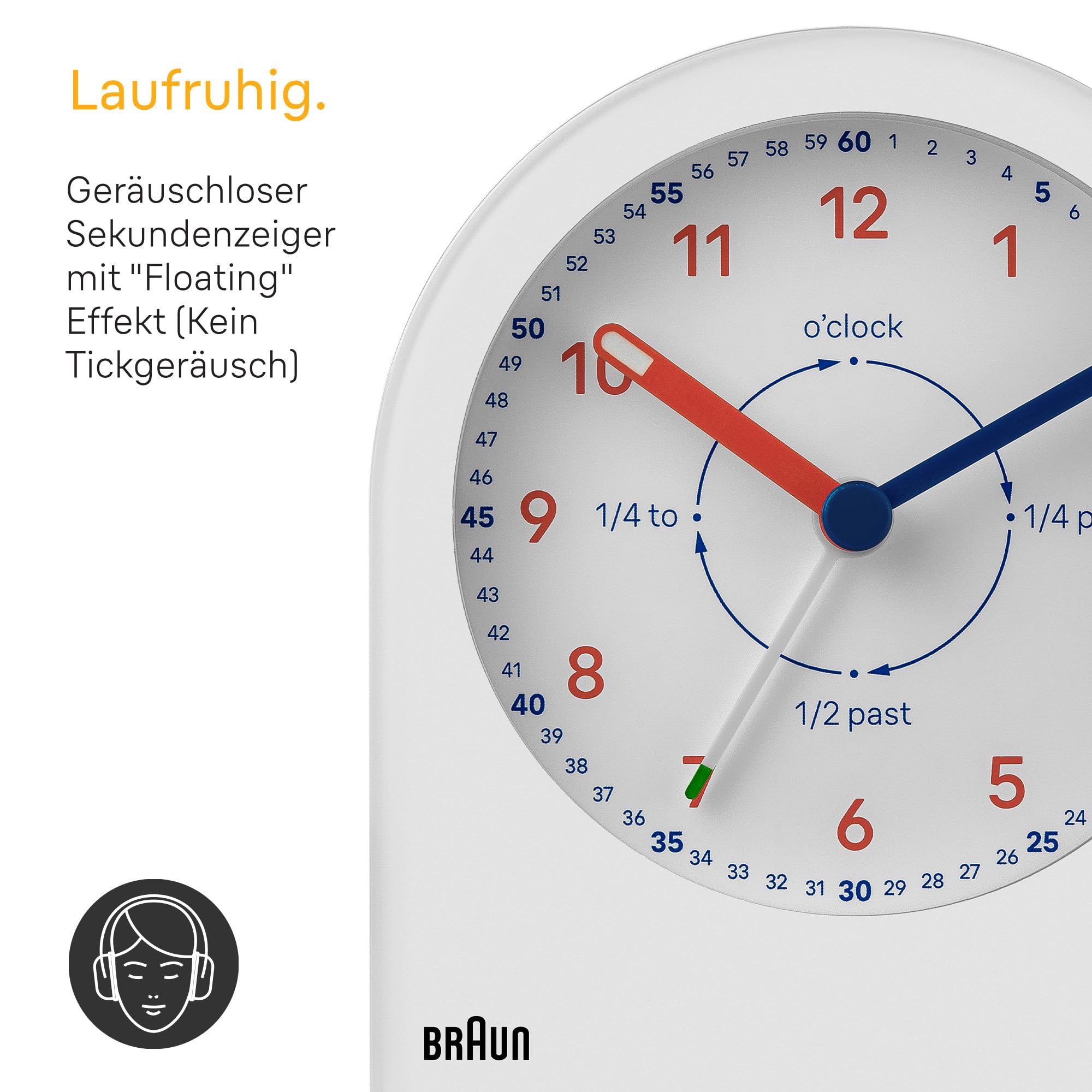 Braun analoger Zeitlehrer Wecker mit Schlummerfunktion, kontinuierlicher Hintergrundbeleuchtung, geräuscharmem Quarzwerk, leicht ablesbarem Ziffernblatt, ansteigender Signalton, Weiß, Modell BC22TW.
