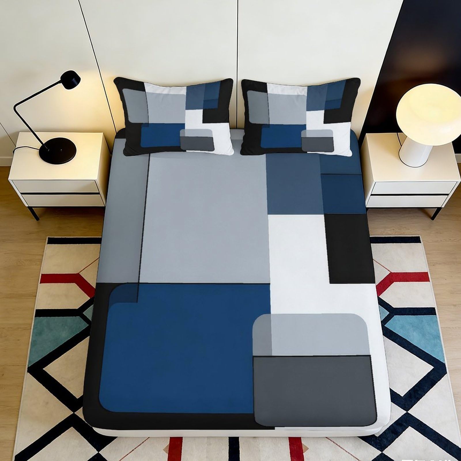 3D Printed Geometric Patchwork Fitted Sheet Microfiber Non-Slip Deep Pocket Geometric Mattress Fitted Cover Bedroom Bedding 140x200x25cm