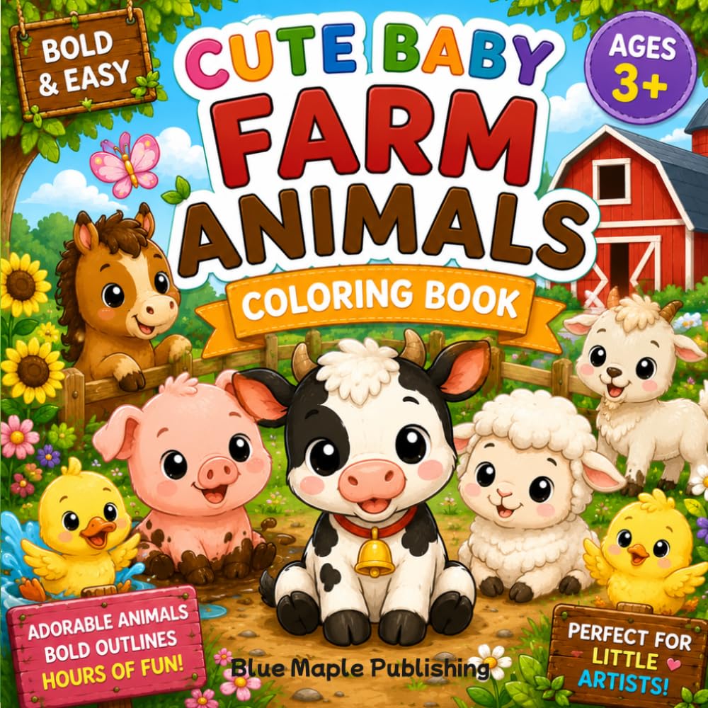 Cute Baby Farm Animals Coloring Book: Bold & Easy Coloring Pages for Kids Ages 3+