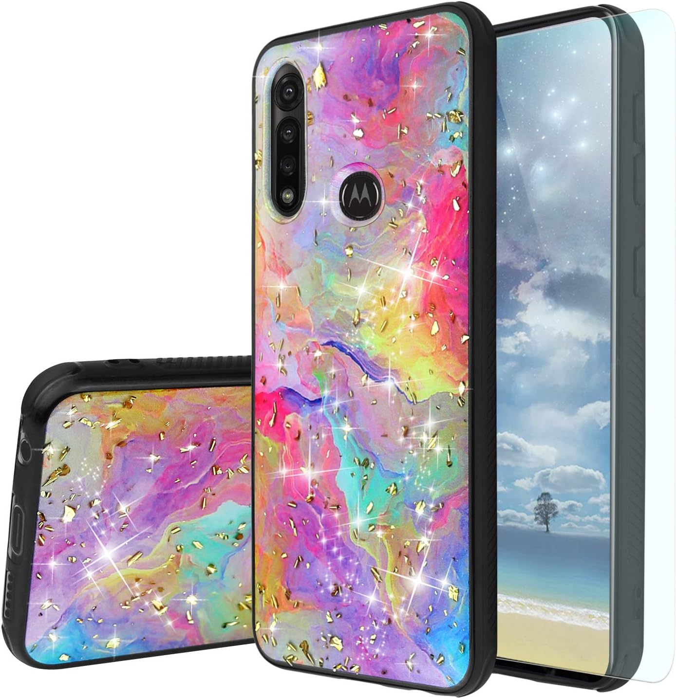 TJS Phone Case Compatible with Motorola Moto G Power (2020), with [Tempered Glass Screen Protector] Shiny Flake Glitter Back Skin Full Body Soft TPU Rubber Bumper Drop Protector Cover (Rainbow)