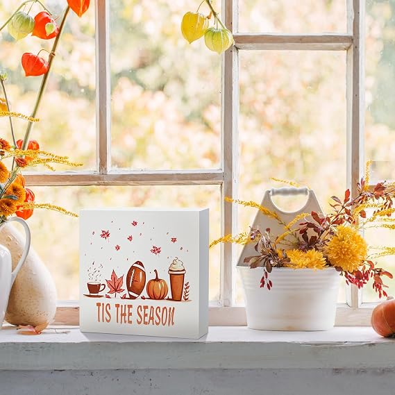 Fall Decorations for Home, Fall Table Decor Rustic Tis the Season Pumpkin Wood Box Sign, Farmhouse Retro Artwork Thanksgiving Fall Decor for Office Bedroom Room Mantel Tiered Tray, 5.9 Inch
