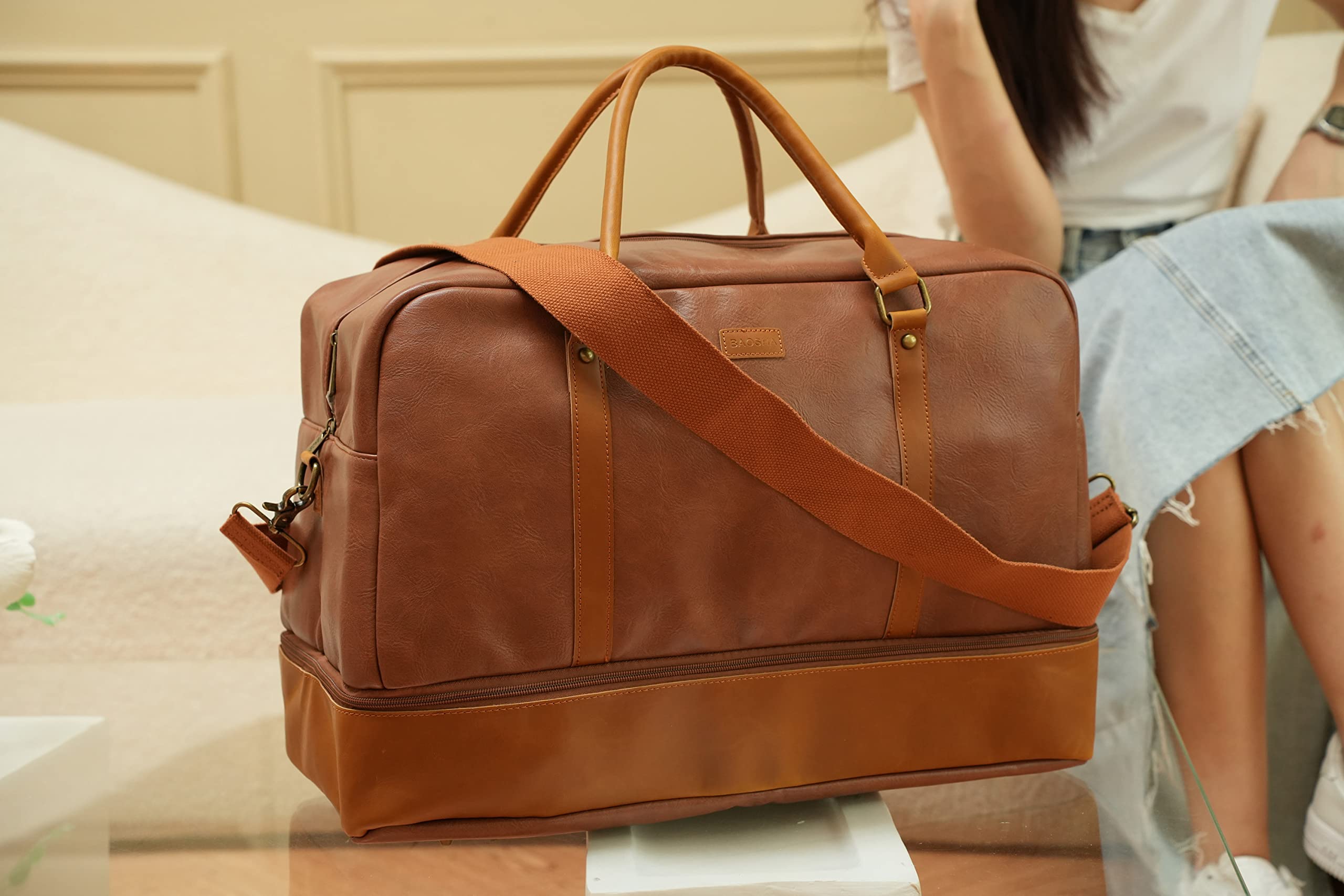 BAOSHA Reisetasche aus veganem Leder, groß, mit Schuhfach, HB-38