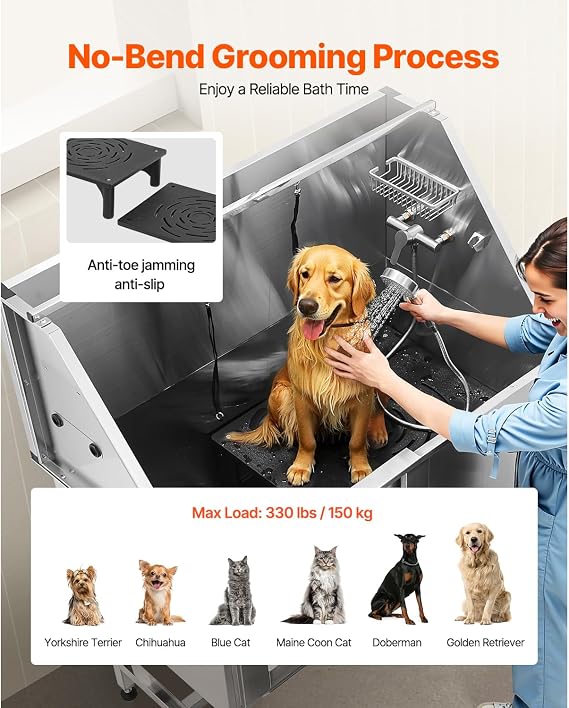 Happybuy Stainless Steel Dog Washing Station, 50 - inch Pet Grooming Tub with Stairs, PE Water Filter Board, Faucet, Showerhead and Soap Holder, Ideal for Large, Medium & Small Pets (Left Door)