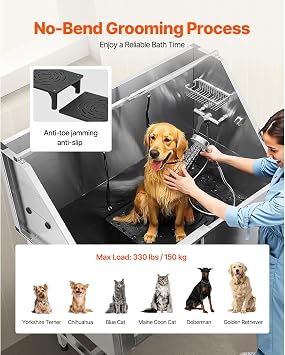 Happybuy Stainless Steel Dog Washing Station, 50 - inch Pet Grooming Tub with Stairs, PE Water Filter Board, Faucet, Showerhead and Soap Holder, Ideal for Large, Medium & Small Pets (Left Door)