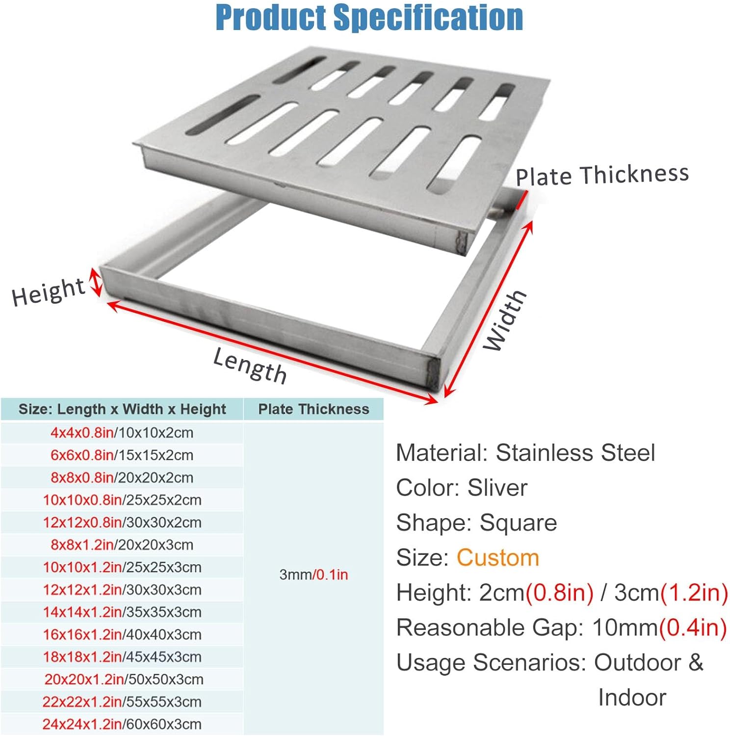 Stainless Steel Storm Drain Grate 24x24 20x20 16x16, 12x12 8x8 Rustproof Drainage Trench Cover with Frame, Removable Squre Grating Covers Block Debris(4x4x0.8in/10x10x2cm)