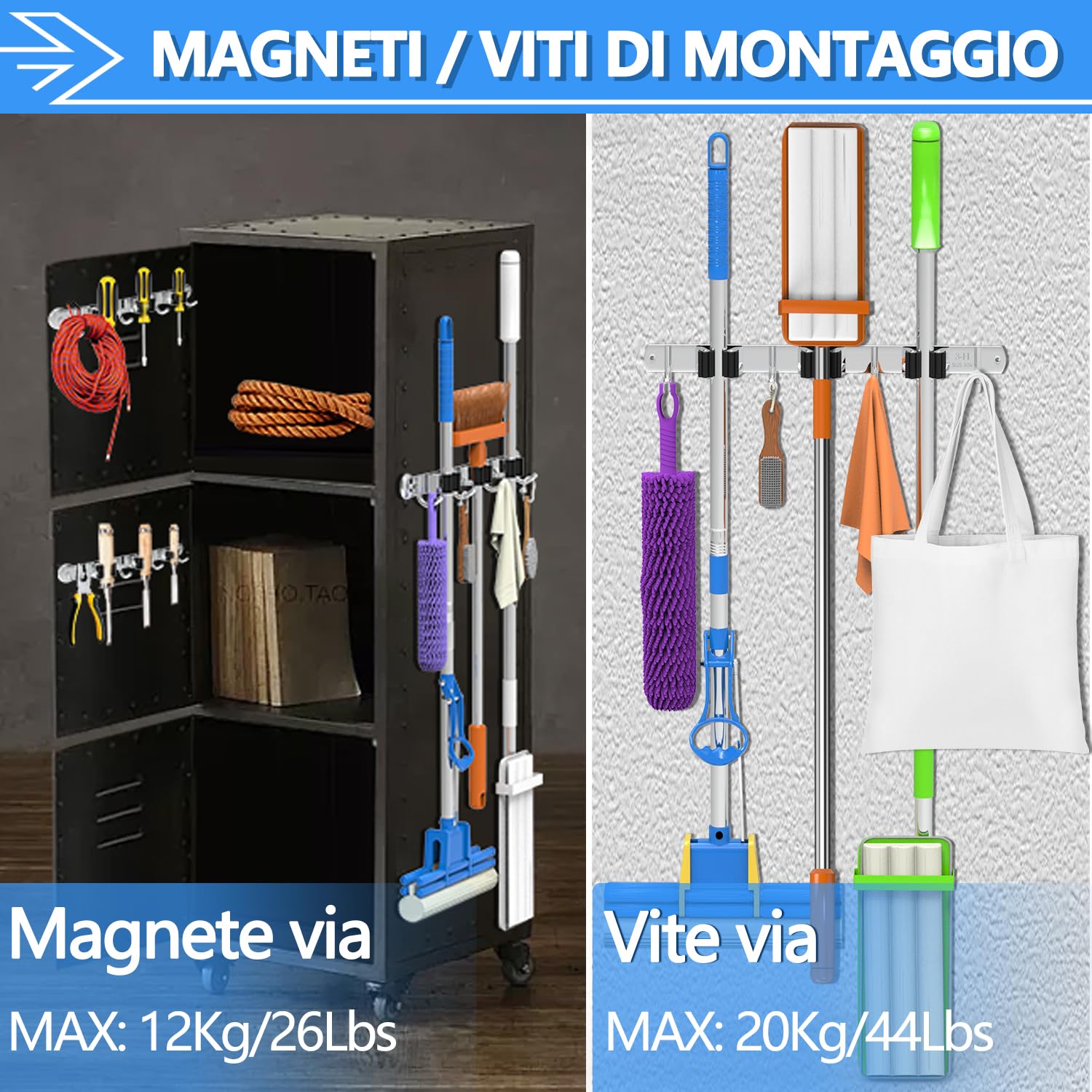 3-H Portascope da Muro Magnetico 36cm, Porta Attrezzi da Parete SUS304 Acciaio Inox 20KG Carico Porta Scope Parete senza Foratura per Ristorante, Cucina, Bagno, Garage con Viti