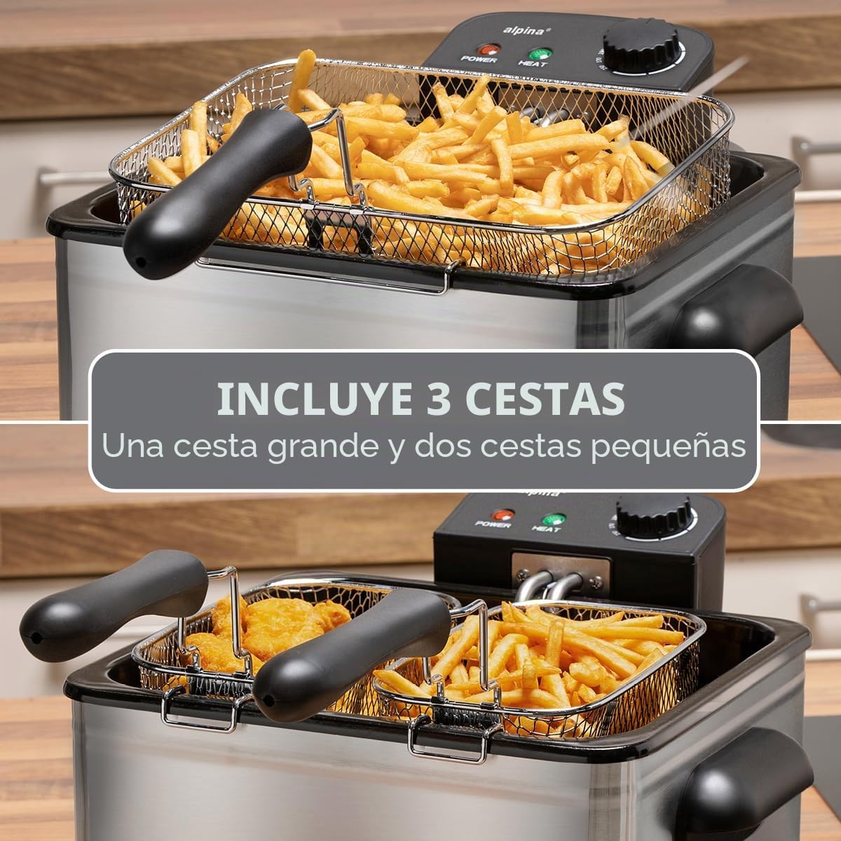 alpina Freidora 5 litros - Freidora con grasa - Freidora aceite 200W - Dos cestas de freír - Temperatura ajustable - para 4 a 6 personas - 275 x 215 x 305 mm - Metal - Negro/Plata