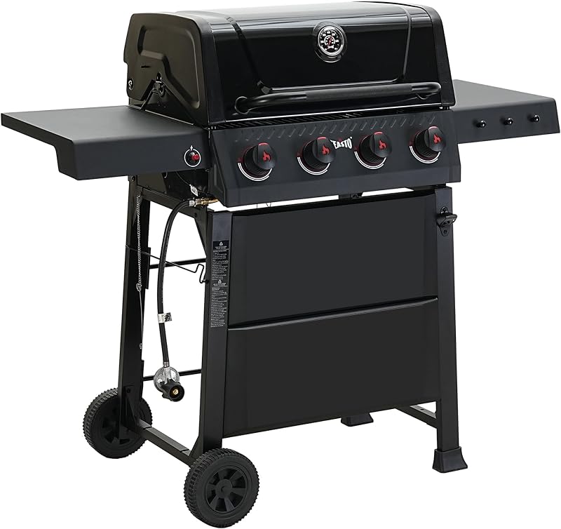 Feasto 4-Burner Gas Grill with Side Tables, 36,000 BTU, 559 Sq. In., Black | Outdoor Propane BBQ Grill with Premium Enameled Coated Chamber Body & Porcelain-Enameled Grates for Deck Party & Patio BBQ